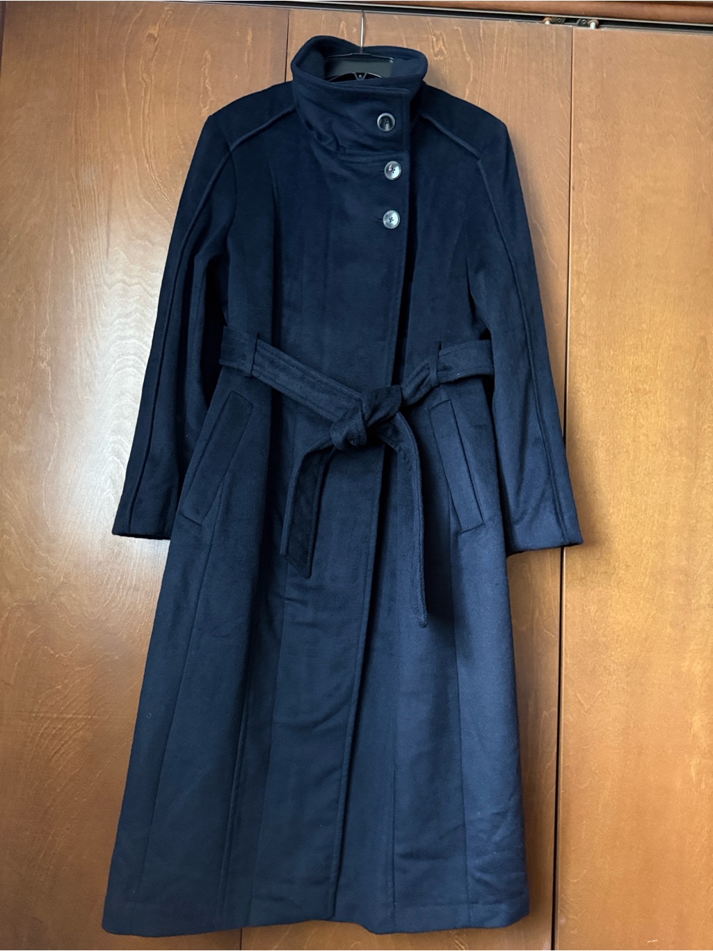 Cole Haan Black Slick Wool Asymmetric Zip Self Belted Signature Tag Coat Nwt 14 — image 7 of 8